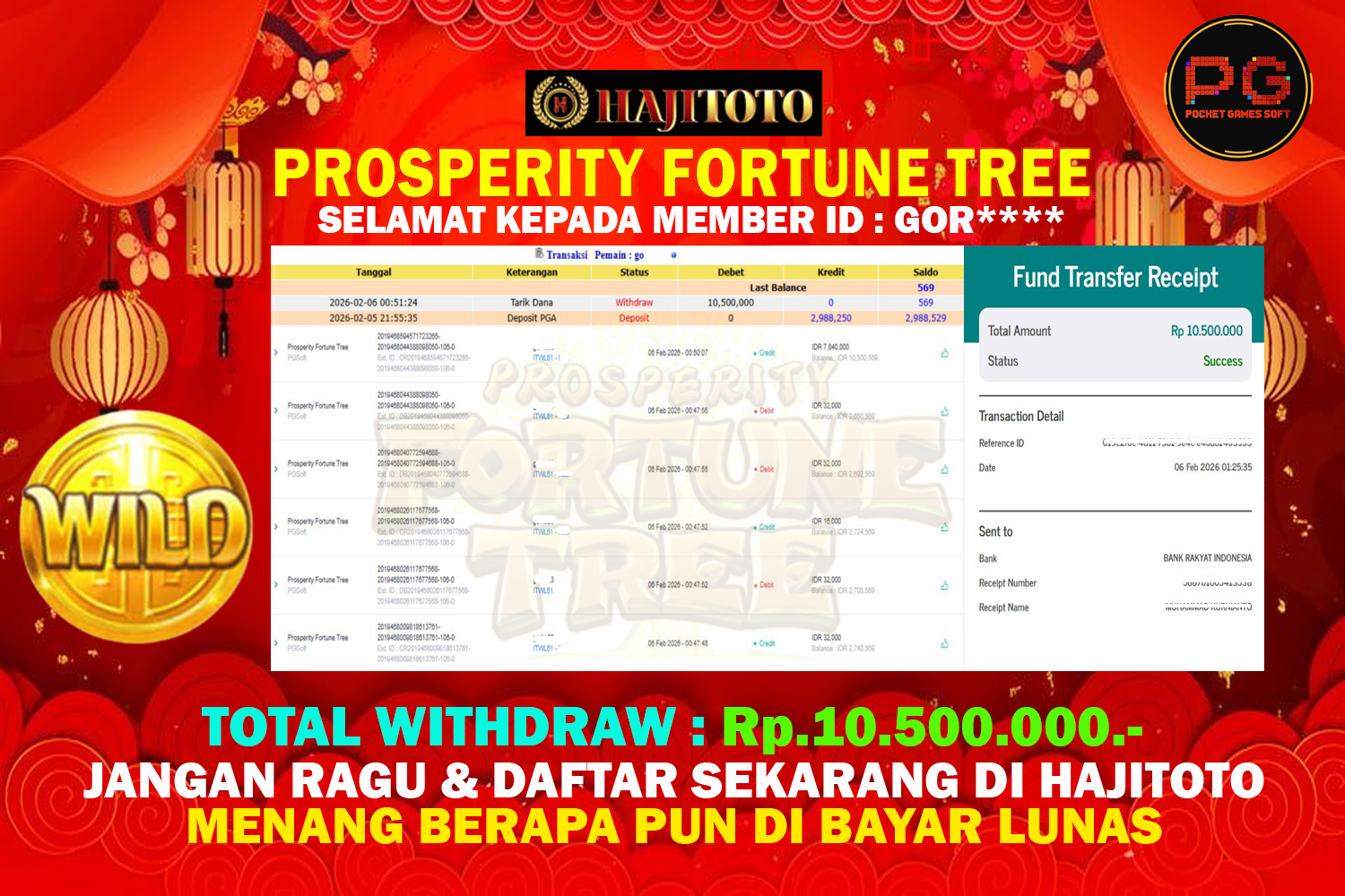 SELAMAT KEPADA PEMENANG MEMBER MERAIH JACKPOT DI GAME SLOT PROSPERITY FORTUNE TREE  TOTAL RP 10.500.000 DI BAYAR LUNAS